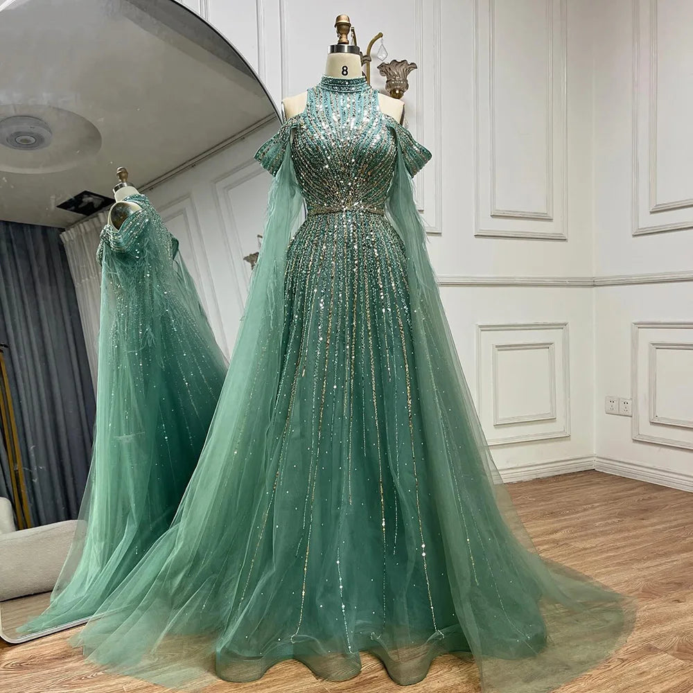 Serene Hill 2025 Arabic Turquoise Cape Sleeves A-Line Beaded Feathers Long Evening Gowns for Women Wedding Party LA72644
