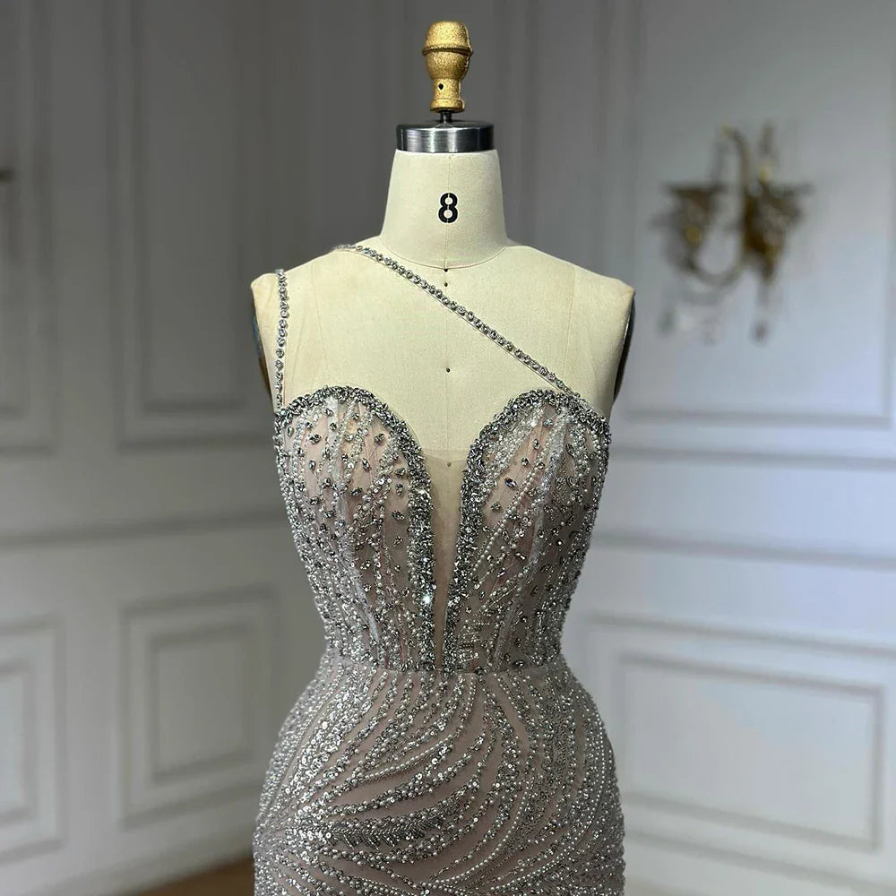 Luxury Dubai Nude Beaded One-Shoulder Evening Gown with Crystal for Formal Occasion LA72872