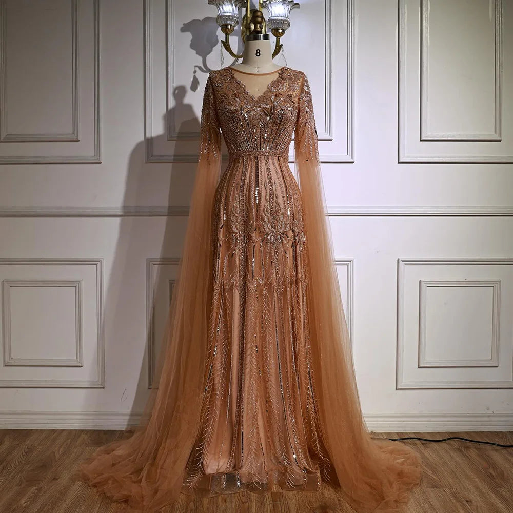 Elegant Beaded A-Line Evening Dress with Cape Sleeves LA73056