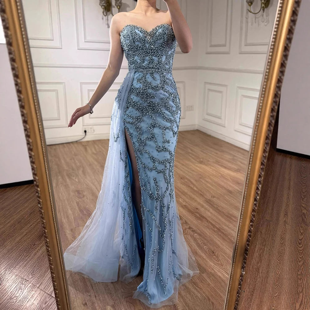 Luxury Dubai Saudi Arabic Blue Beaded Evening Gown Formal Slit LA72877
