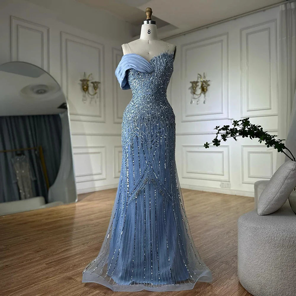 Luxury Dubai Arabic Green Mermaid Elegant One Shoulder Beaded Long Evening Dresses Gowns for Formal Occasion LA72650