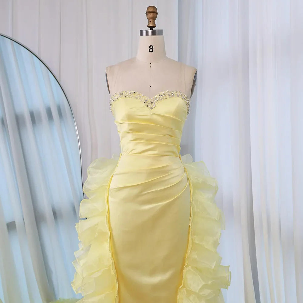 Luxury Dubai Evening Gown for Formal Occasion Elegant Yellow Dress with Ruffles and Beaded Details LA72889