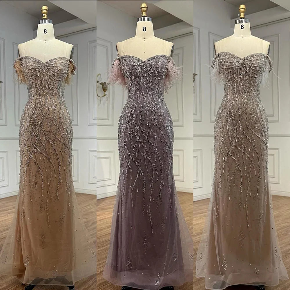 Luxury Nude Beaded Feather Mermaid Evening Dress Dubai Style LA72818