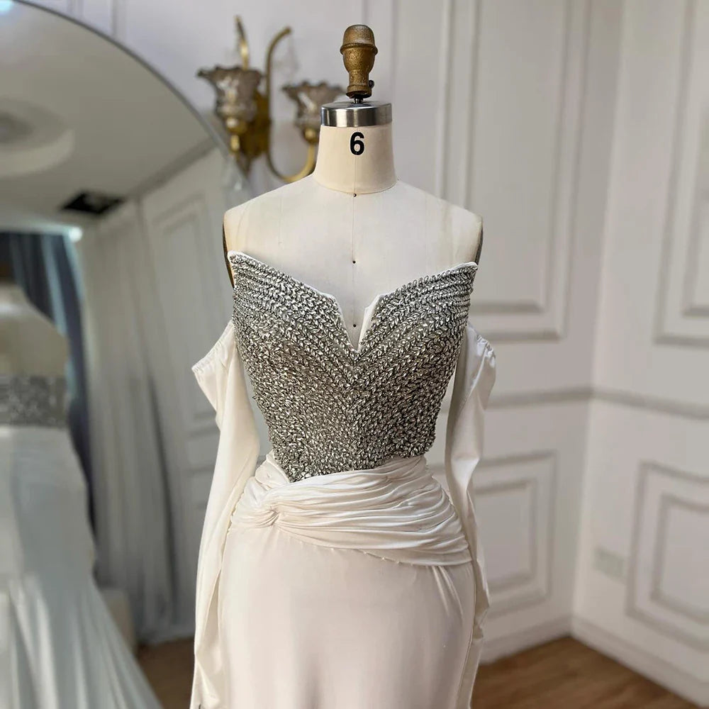Luxury Dubai Elegant White Arabic Evening Gown with Crystal Beaded Dress and Gloves for Formal Occasion LA72758
