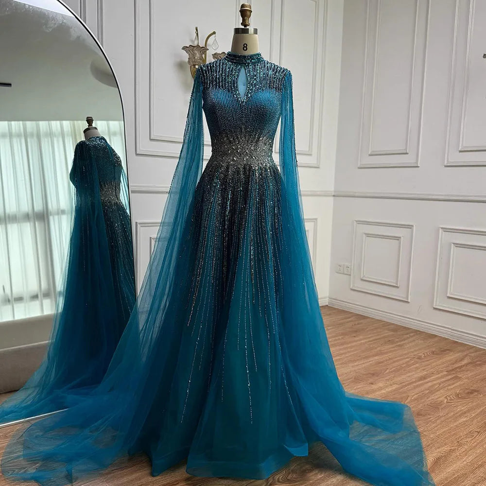 Luxury Modest Blue Beaded Evening Dress with Cape LA73059