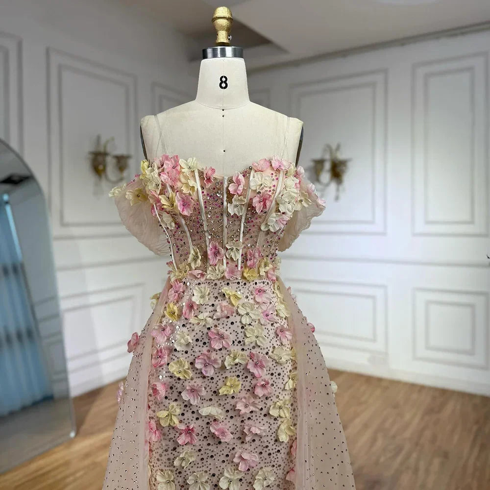 Luxury Dubai Nude Floral Beaded Off Shoulder Corset Evening Gown With Overskirt for Formal Occasion LA72861