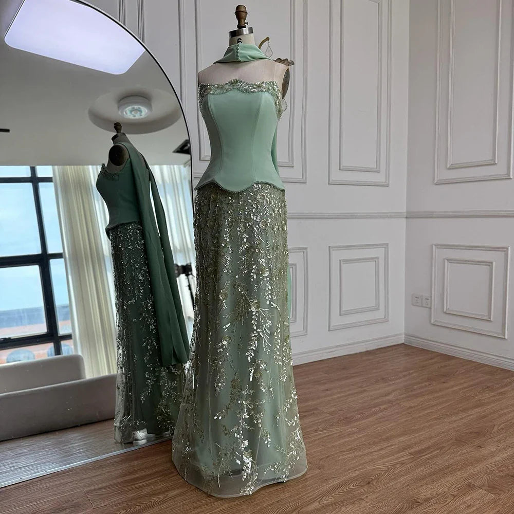 Luxury Sage Green Strapless Beaded Mermaid Evening Dress LA73050C