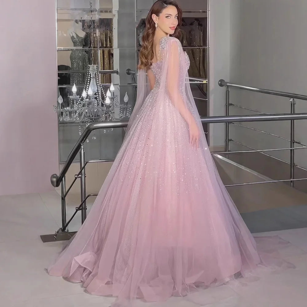 Luxury Pink Tulle Beaded A-Line Evening Dress with Cape Sleeves LA73072