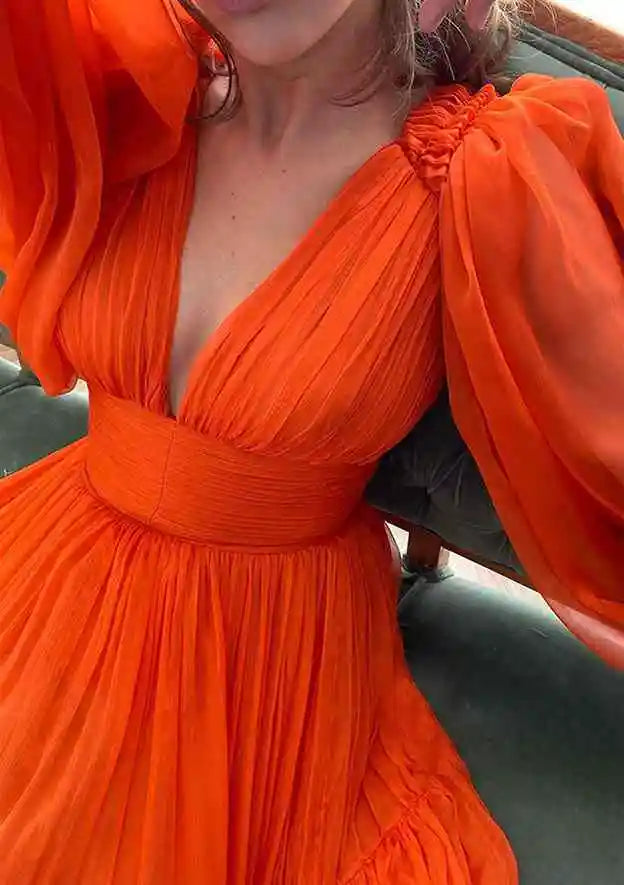 Serene Hill Arabic Red A-Line Long Sleeve Floor-Length Chiffon Prom Dress with Pleats for Women's Party LA72688