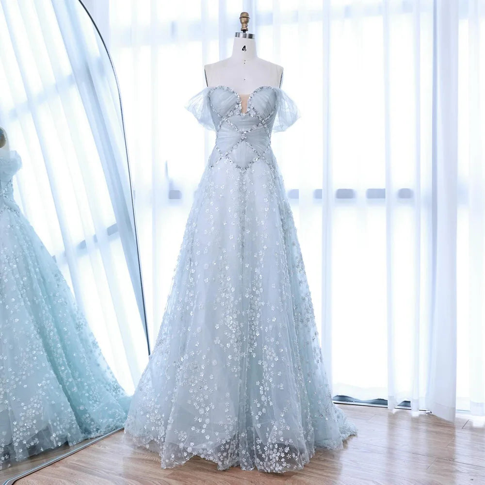 Luxury Dubai Arabic Light Blue Dreamy A-Line Evening Dress LA73099