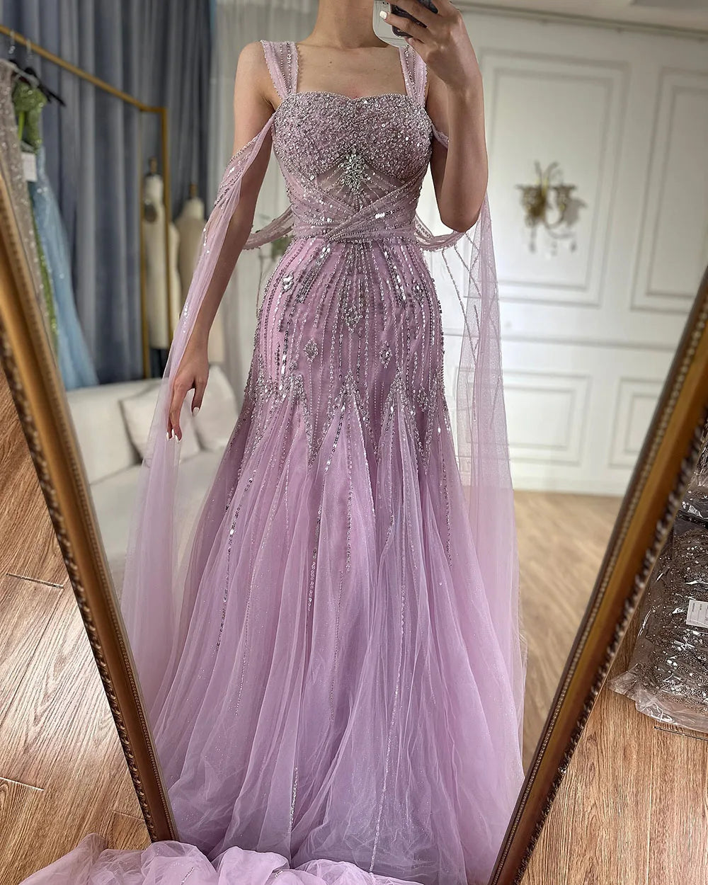 Luxury Dubai pink Beaded Spaghetti Strap Design A-Line Evening Dresses Gowns with Cape Sleeves for Formal Occasion LA72726