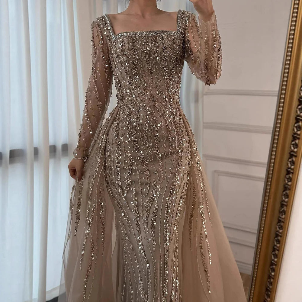 Luxury Arabic Caramel Beaded Mermaid Evening Dress with Overskirt LA72710A