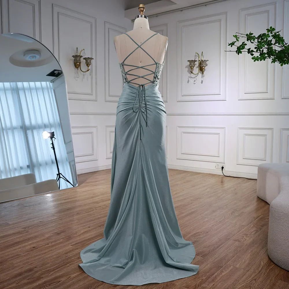 Classy Light Green Satin Prom Dress with Lace and Slit LA73032A