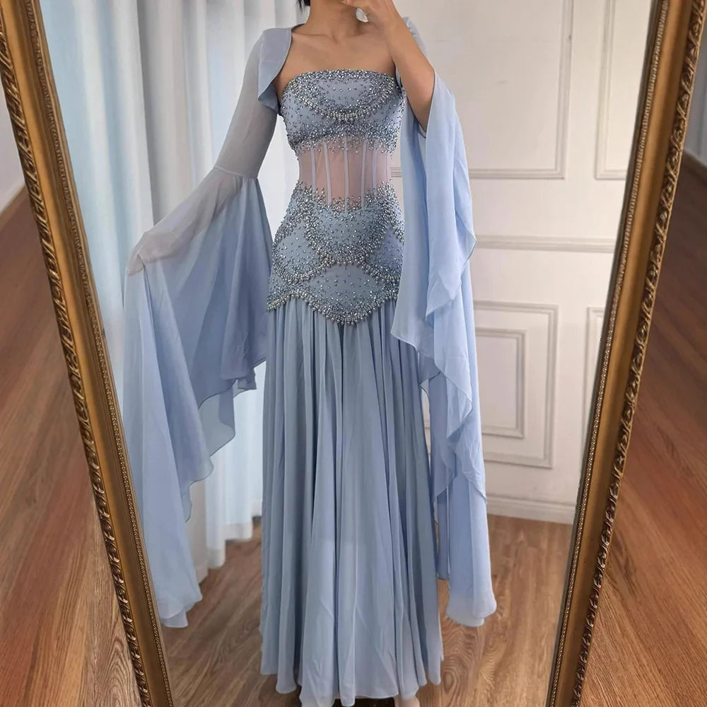Luxury Blue Evening Dress with Pearls Tassels and Flowing Coat LA72978A
