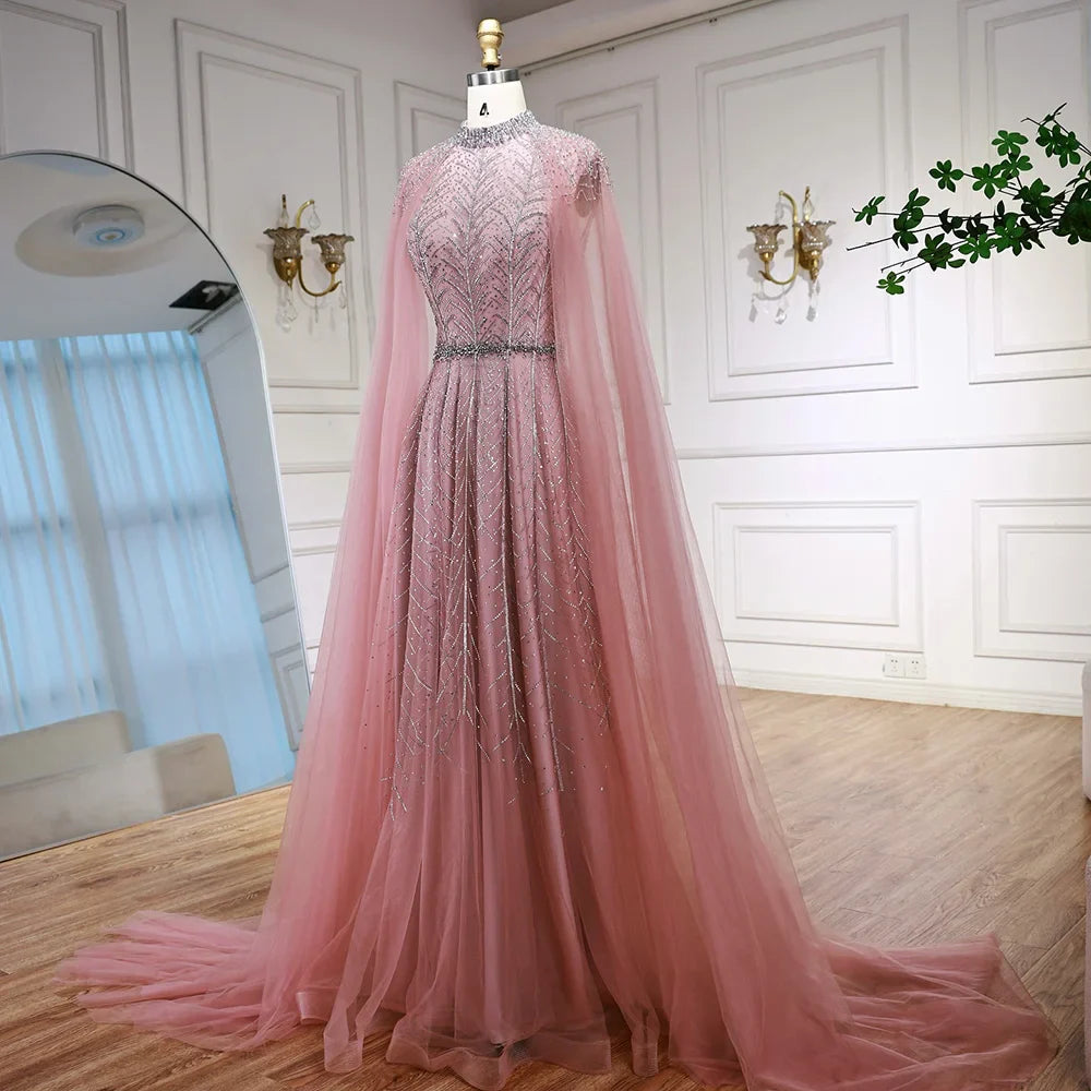 Luxury Elegant Pink Beaded Evening Dress with Cape LA73033