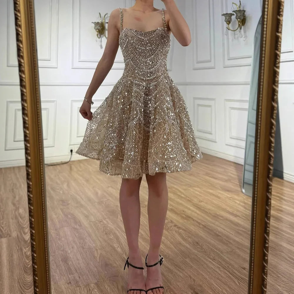 Luxury Nude Crystal Beaded A-Line Short Cocktail Party Dress LA72983