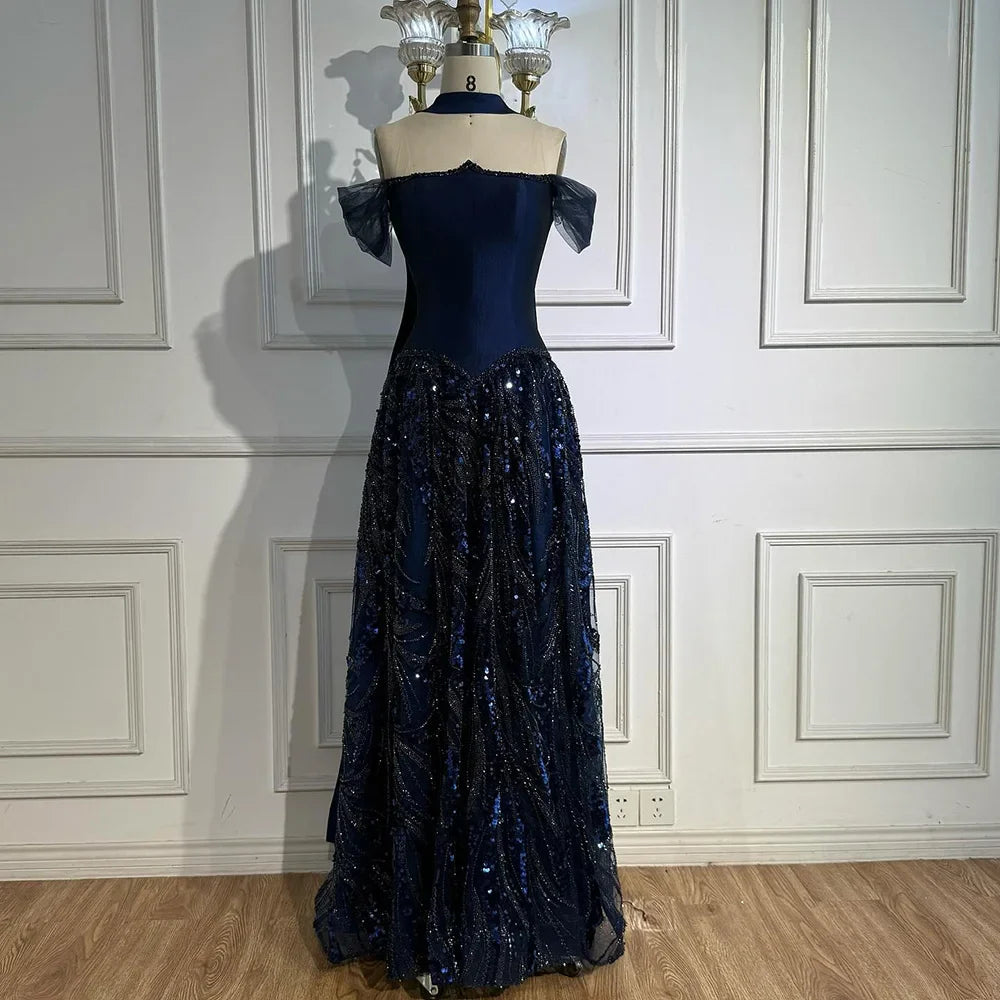 Luxury Arabic Navy A-Line Evening Dress with Beaded LA73050