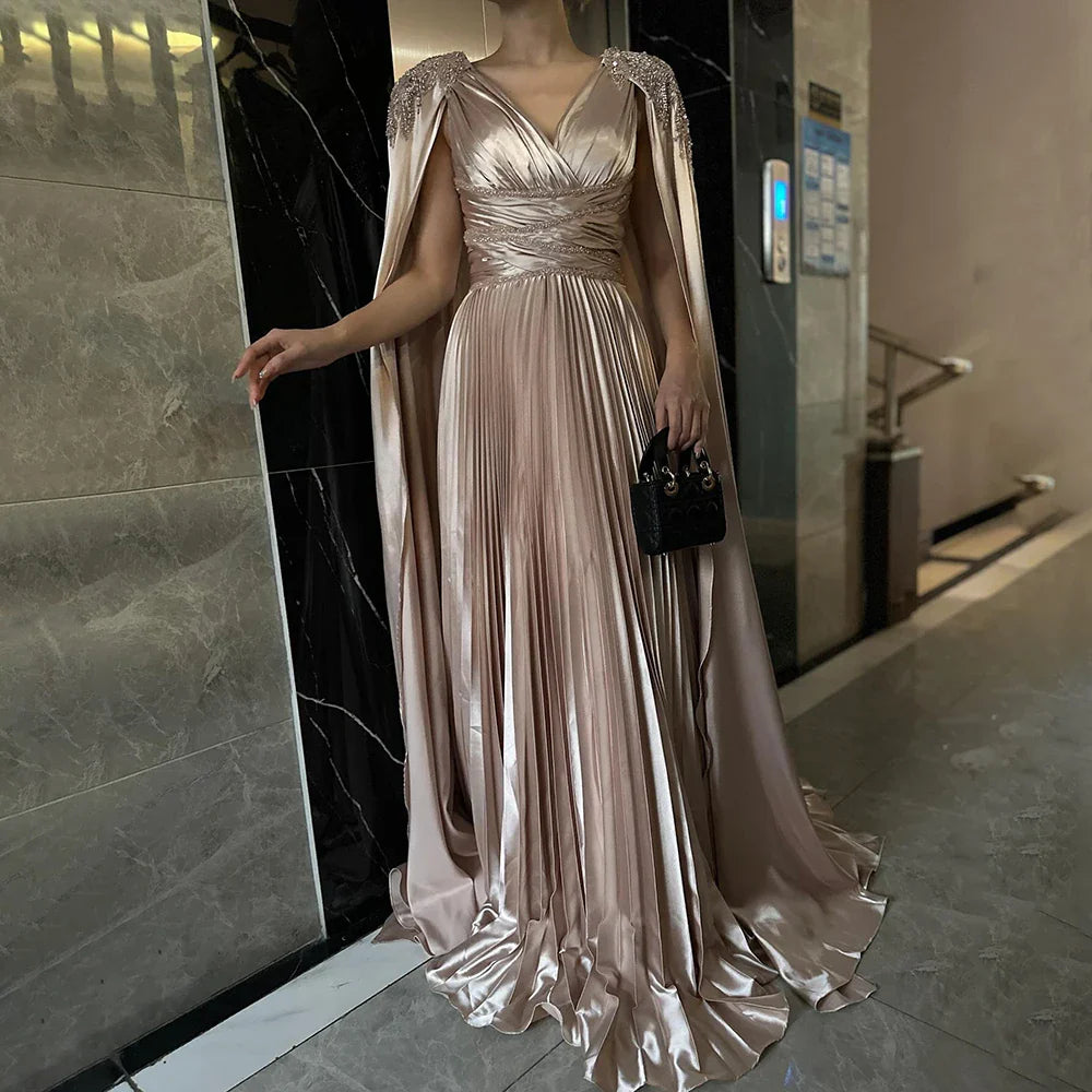 Rose Gold Beaded Satin A-Line Evening Dress with Cape Sleeves LA72663