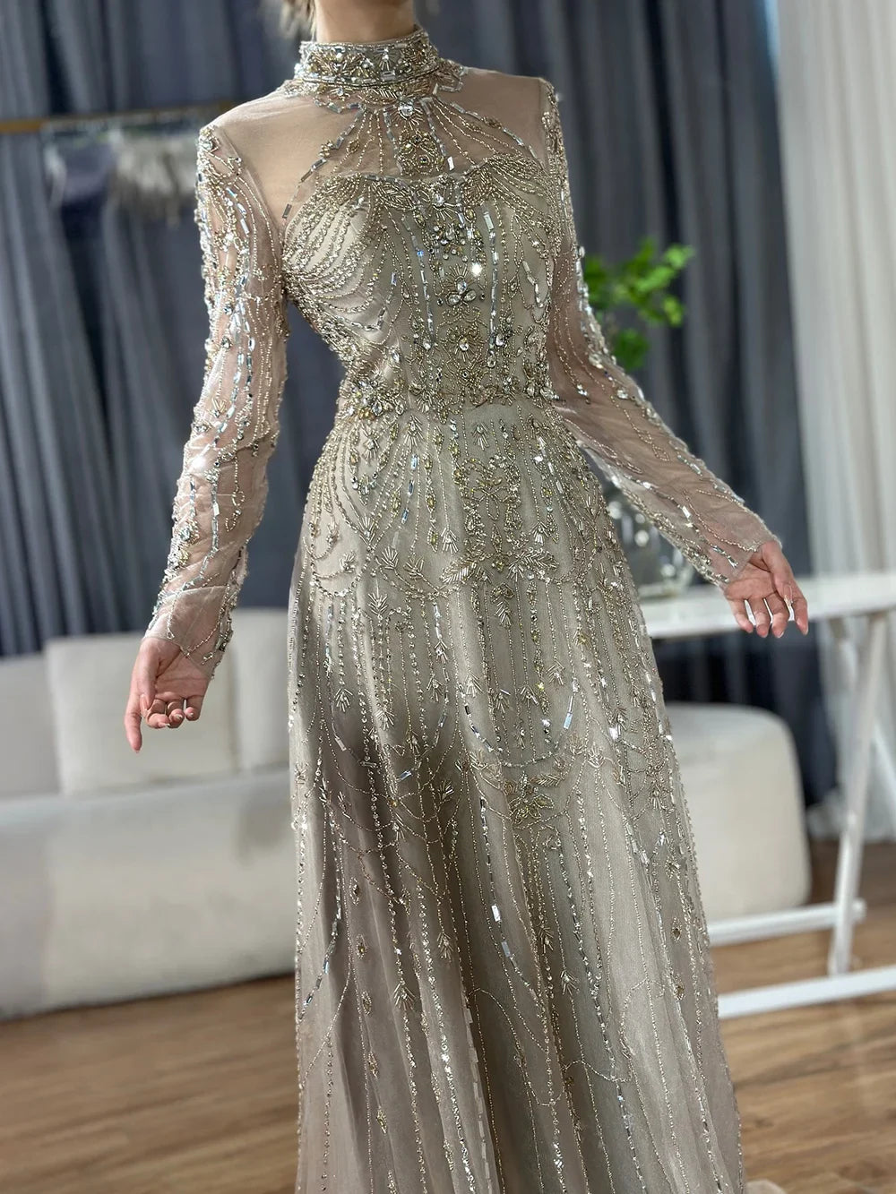 Modest A-Line Blue Lace Beaded Evening Gown LA72704