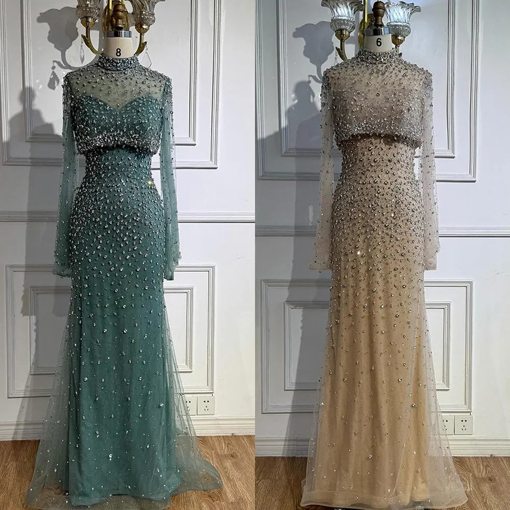 Luxury Turquoise Two Pieces Beaded Mermaid Evening Dress with Detachable Top LA73095