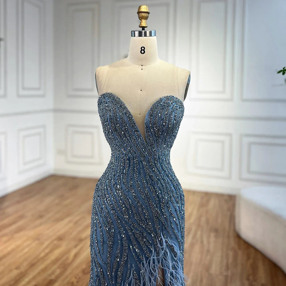 Luxury Blue Feather Beaded Evening Dress with Side Skirt LA72695