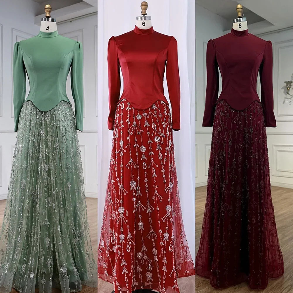 Luxury Sage Green Muslim Beaded Evening Dress LA72805A