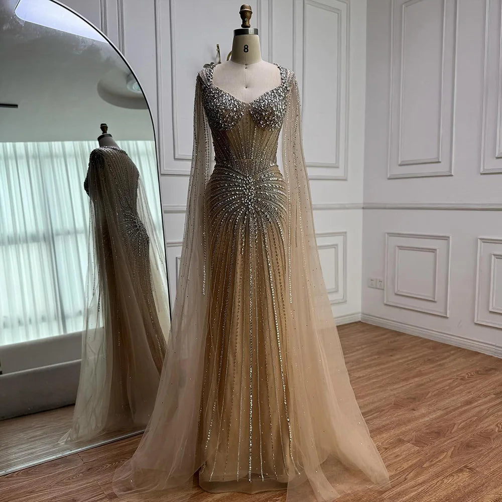 Luxury Nude Beaded Evening Dress with Cape Sleeves LA72575C