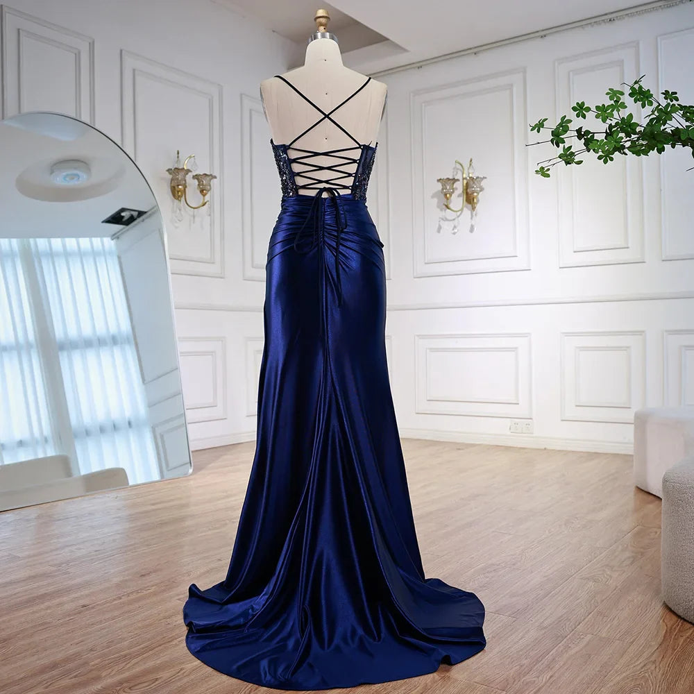 Classy Light Green Satin Prom Dress with Lace and Slit LA73032A