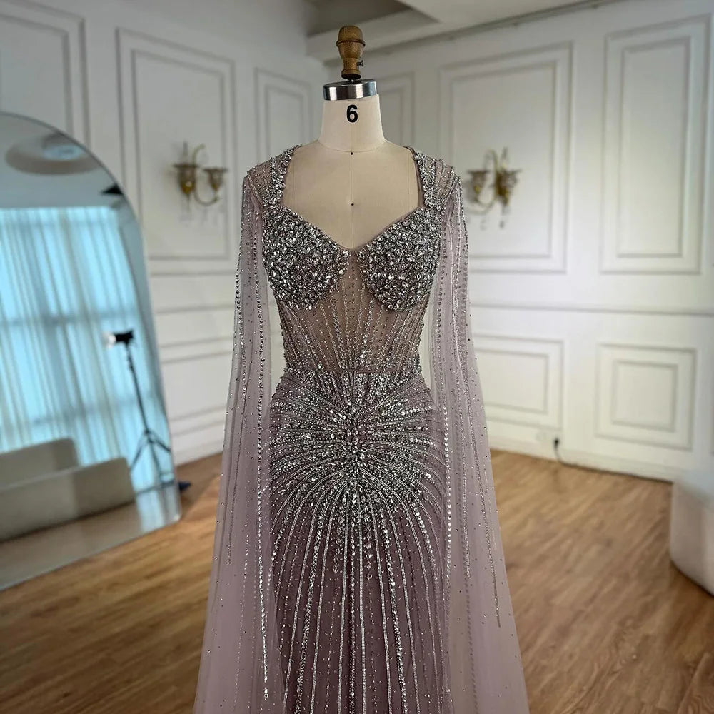 Luxury Nude Beaded Evening Dress with Cape Sleeves LA72575C