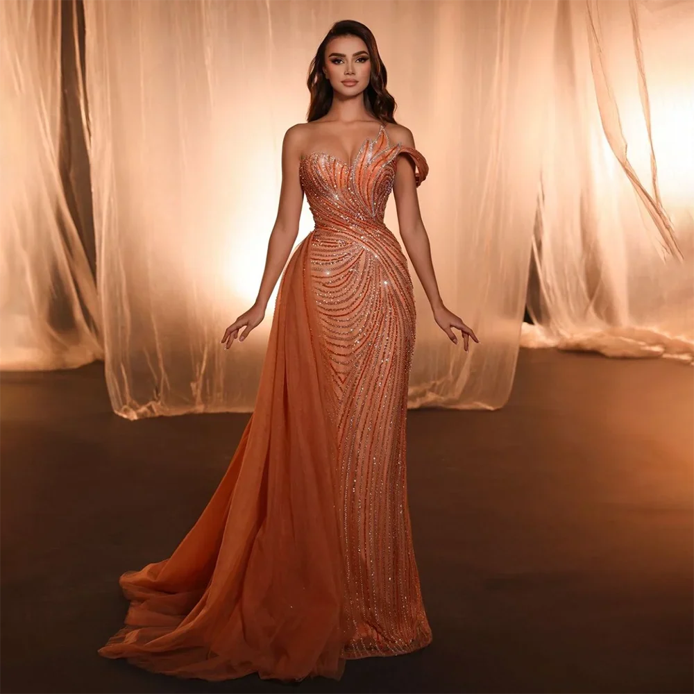 Luxury Dubai Arabic Blue One Shoulder Luxury Dubai Evening Gown with Side Overskirt Beaded Dress for Women's Party LA72662