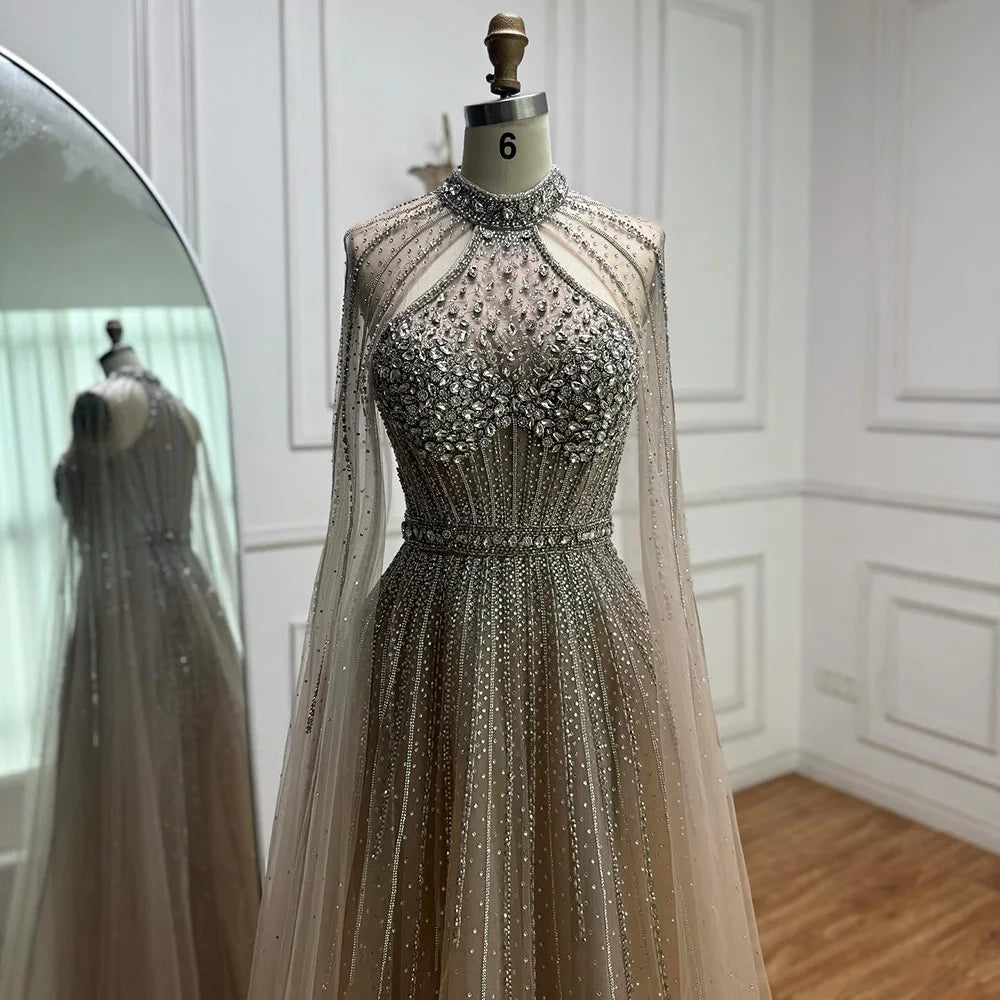 Luxury Beaded A-Line Evening Dress with Cape Sleeves LA73054