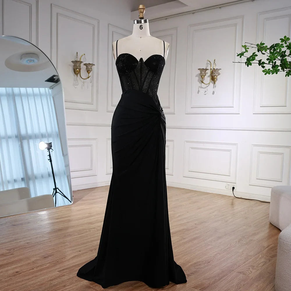 Black Beaded Classy Prom Dress with Spaghetti Straps LA73039