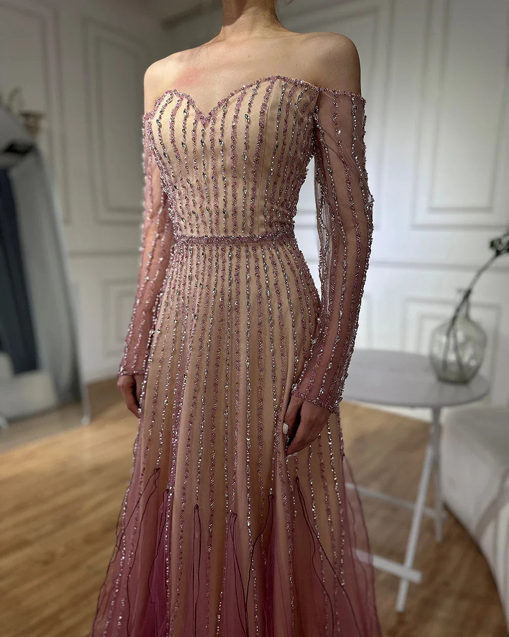 Luxury Dubai Arabic Purple Elegant A-Line Beaded Long Evening Dresses Gowns for Formal Occasion LA72752