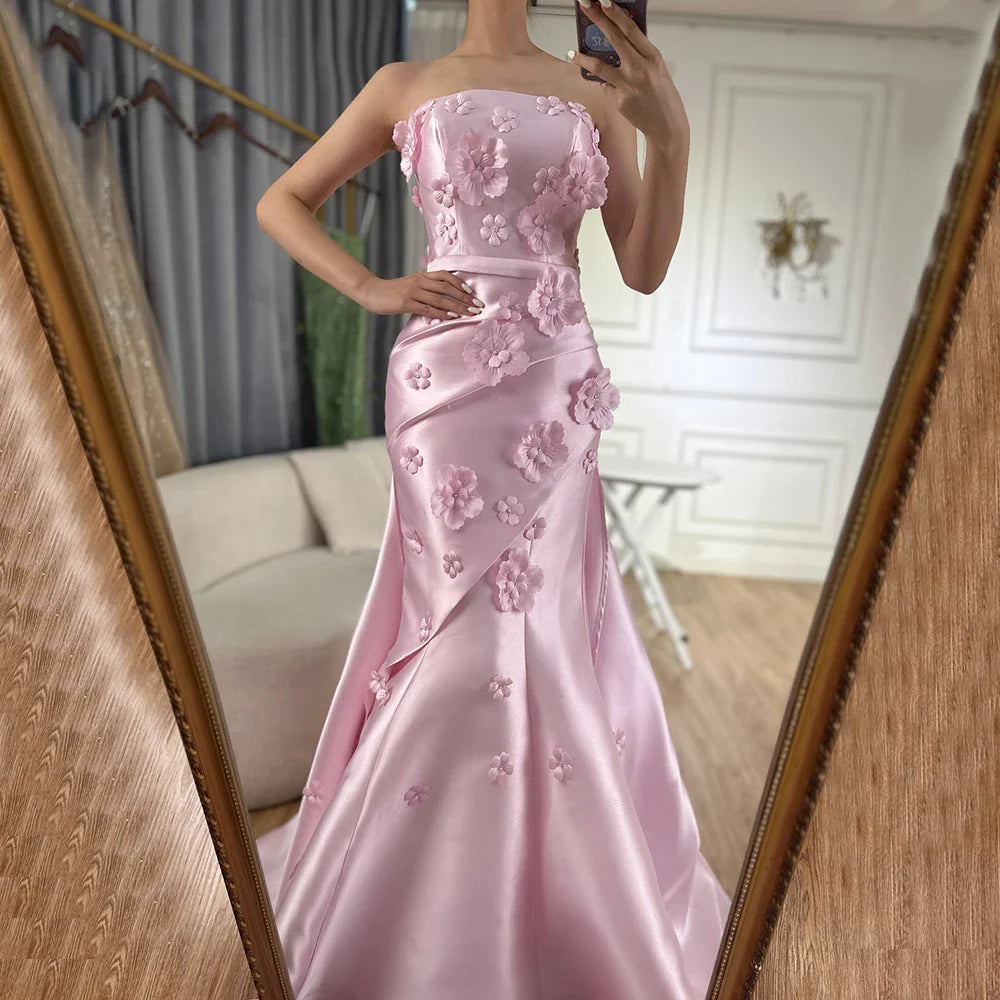 Luxury Dubai Saudi Pink Ruched Appliques Satin Mermaid Evening Dress Gown Lace-Up Back for Formal Occasion LA72740