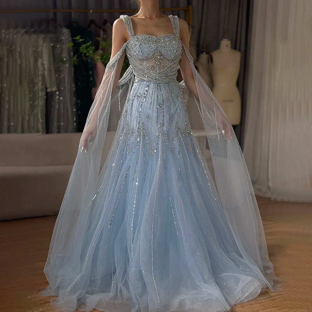 Luxury Dubai pink Beaded Spaghetti Strap Design A-Line Evening Dresses Gowns with Cape Sleeves for Formal Occasion LA72726