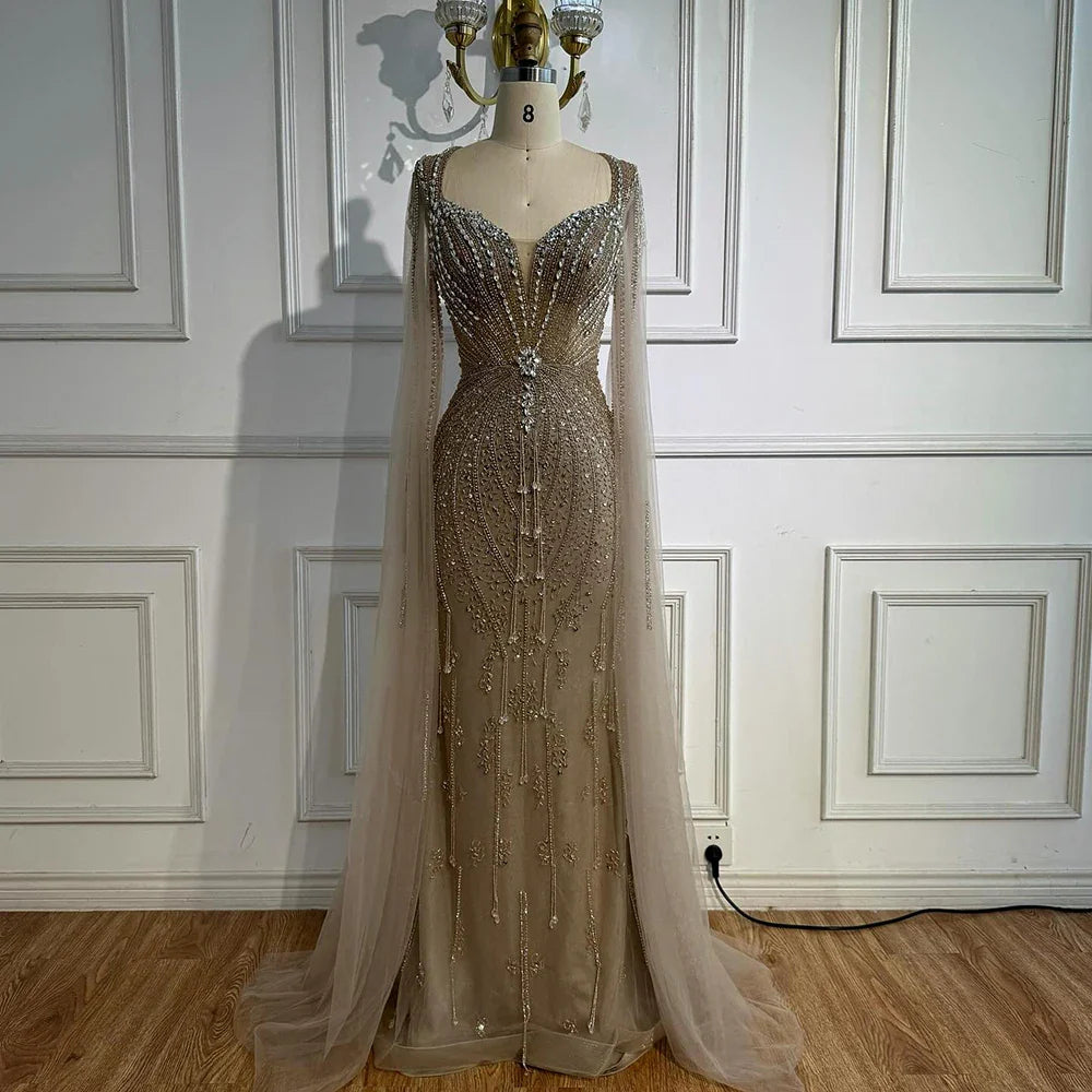 Luxury Designer Beige Beaded Evening Dress with Cape Sleeves LA72992