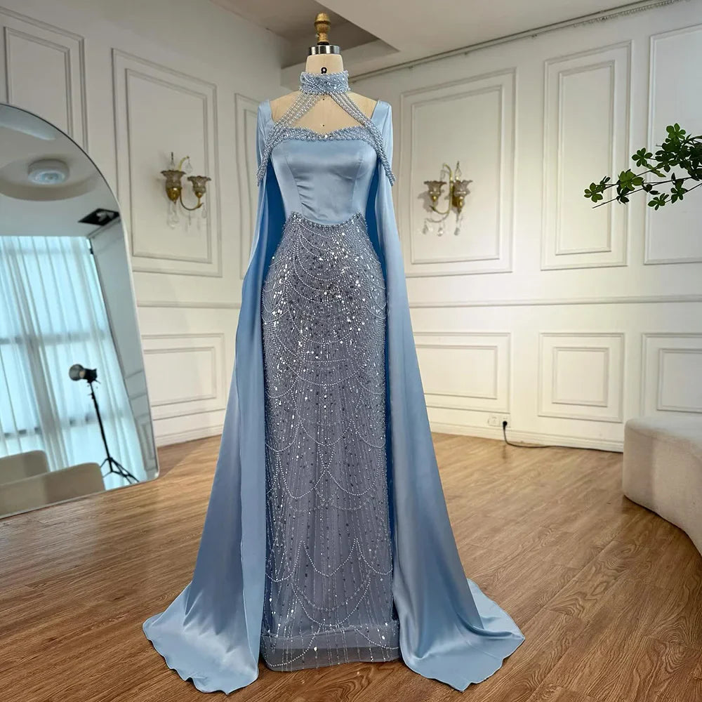 Luxury Arabic Pearls Pink Evening Dress with Cape LA73051