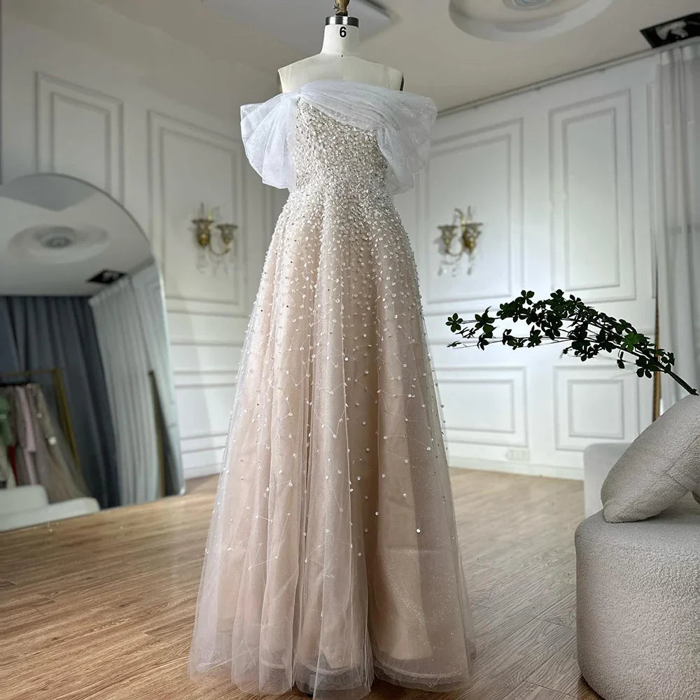 Luxury Dubai Arabic Blue Off The Shoulder Beaded Elegant A-Line Long Evening Dresses Gowns for Formal Occasion LA72009A