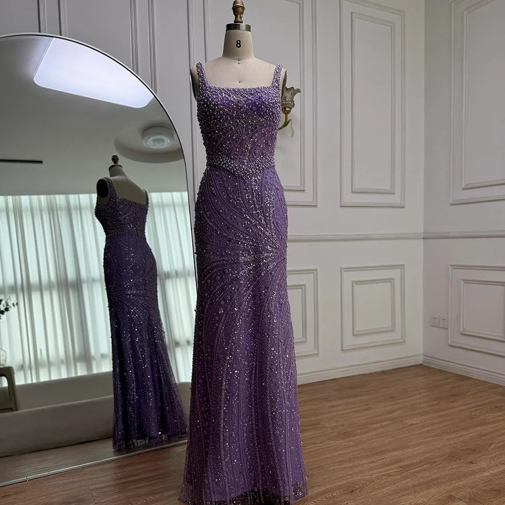 Luxury White Nude Pearl Beaded Mermaid Evening Dress LA72266