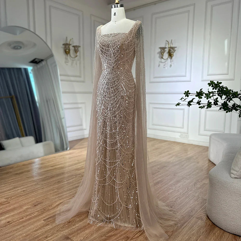 Luxury Arabic Mermaid Evening Dress with Cape Sleeves Plus SizeLA72590A