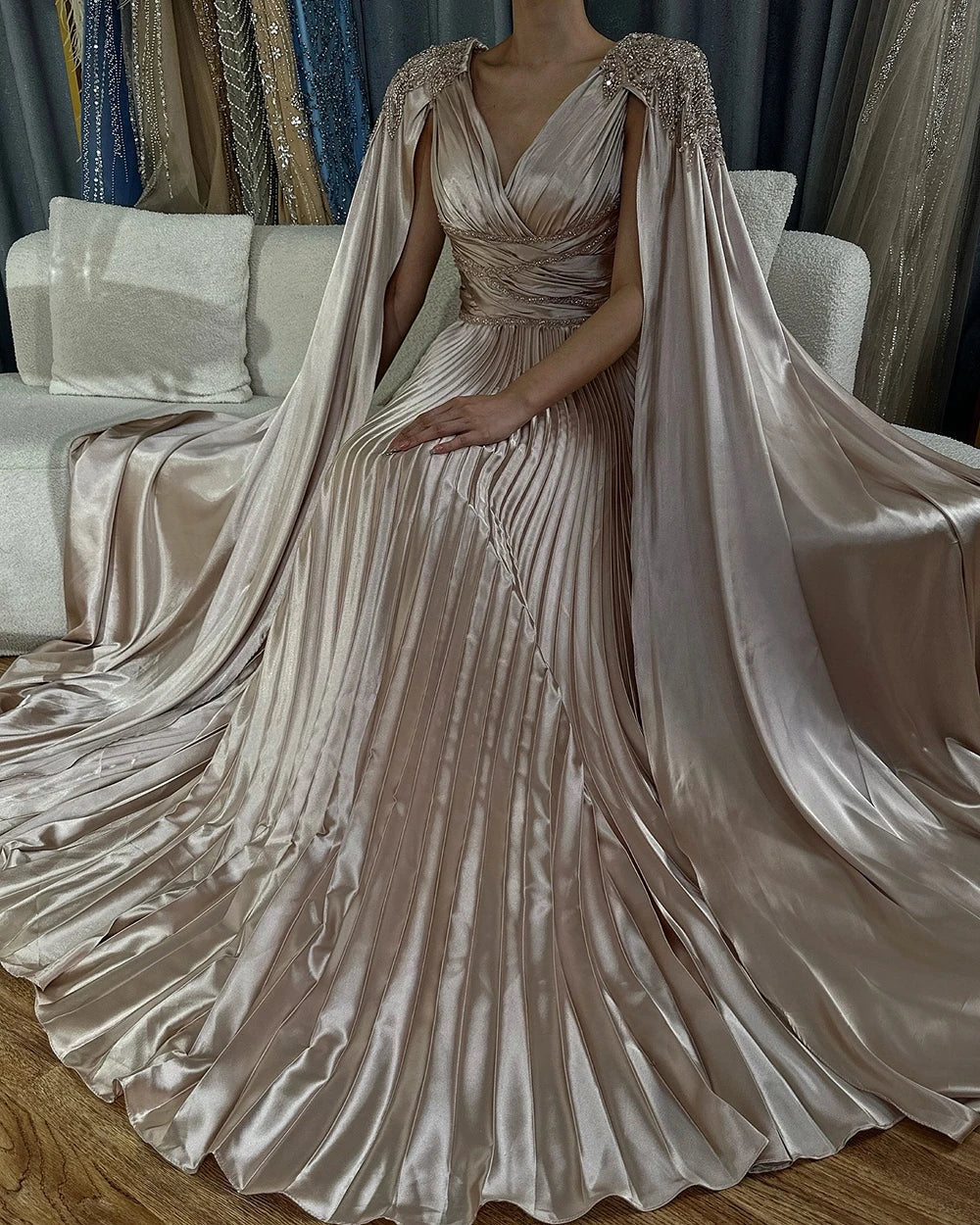 Rose Gold Beaded Satin A-Line Evening Dress with Cape Sleeves LA72663