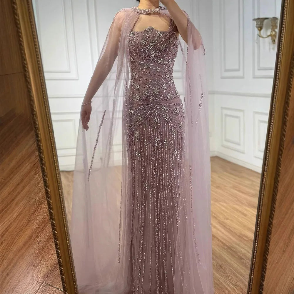 Luxury Caramel Mermaid Evening Dress with Cape Sleeves LA73052