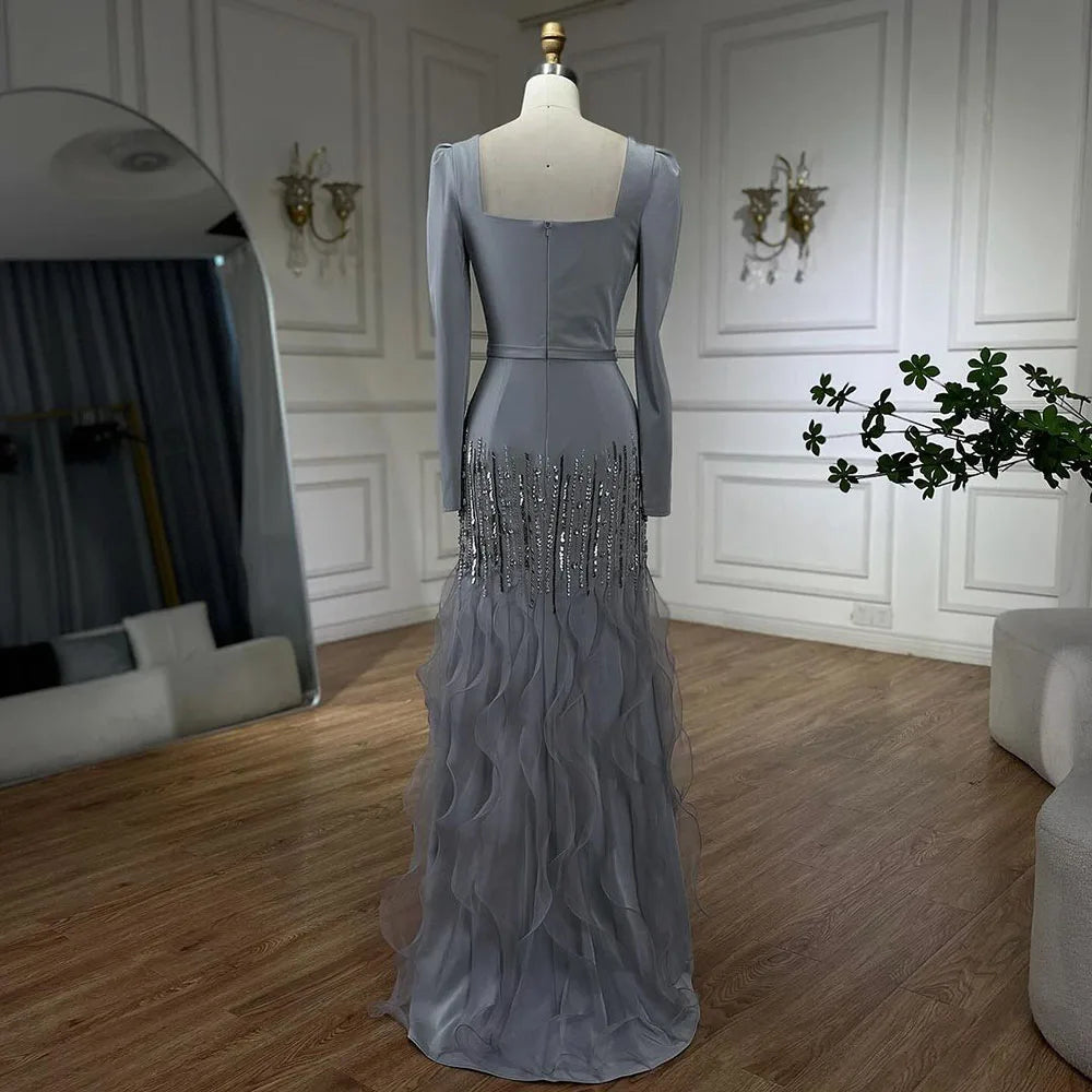 Serene Hill Arabic Gray Mermaid Elegant Ankle Length Beaded Satin Luxury Evening Dresses Gowns For Women Party 2025 LA72317