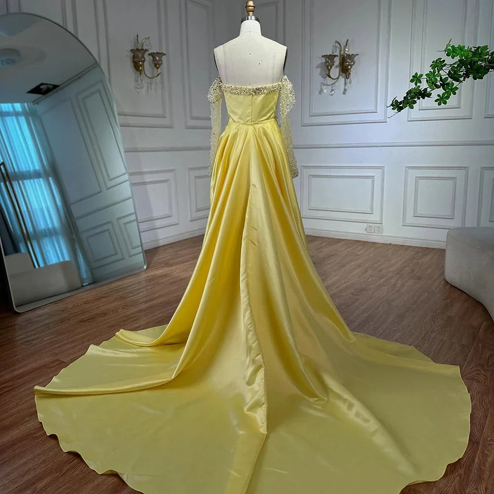 Elegant Yellow Mermaid Beaded Evening Gown with Detachable Sleeves LA72777