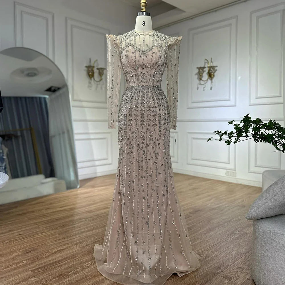 Luxury Dubai Pink Elegant Pearls Beaded Mermaid Evening Dress LA72826
