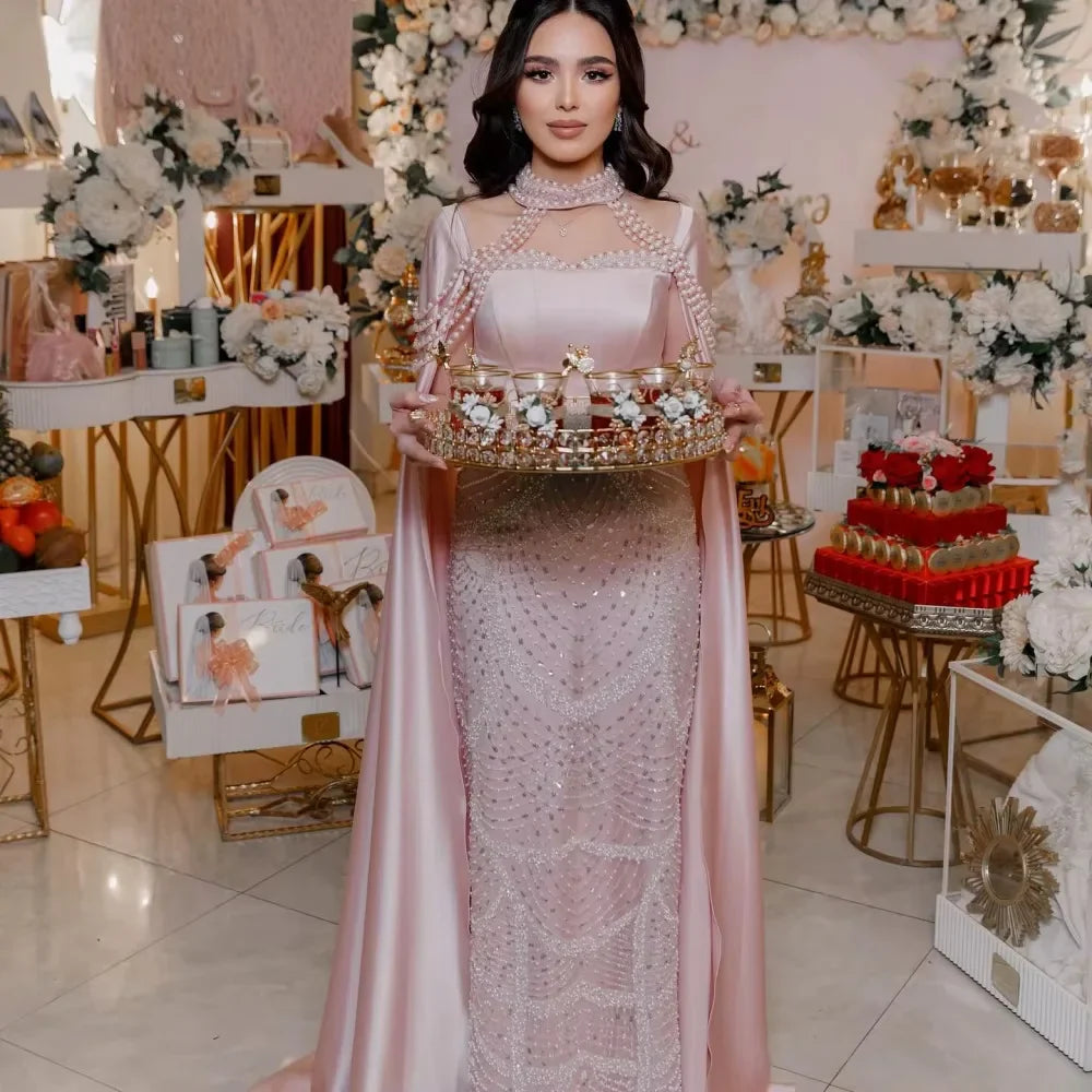 Luxury Arabic Pearls Pink Evening Dress with Cape LA73051