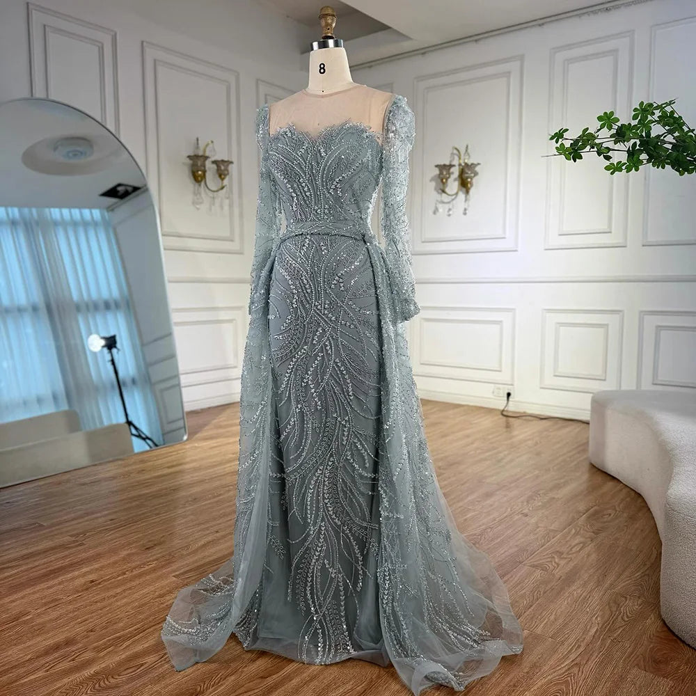Luxury Sage Green Beaded Evening Dress with Detachable Overskirt LA73066