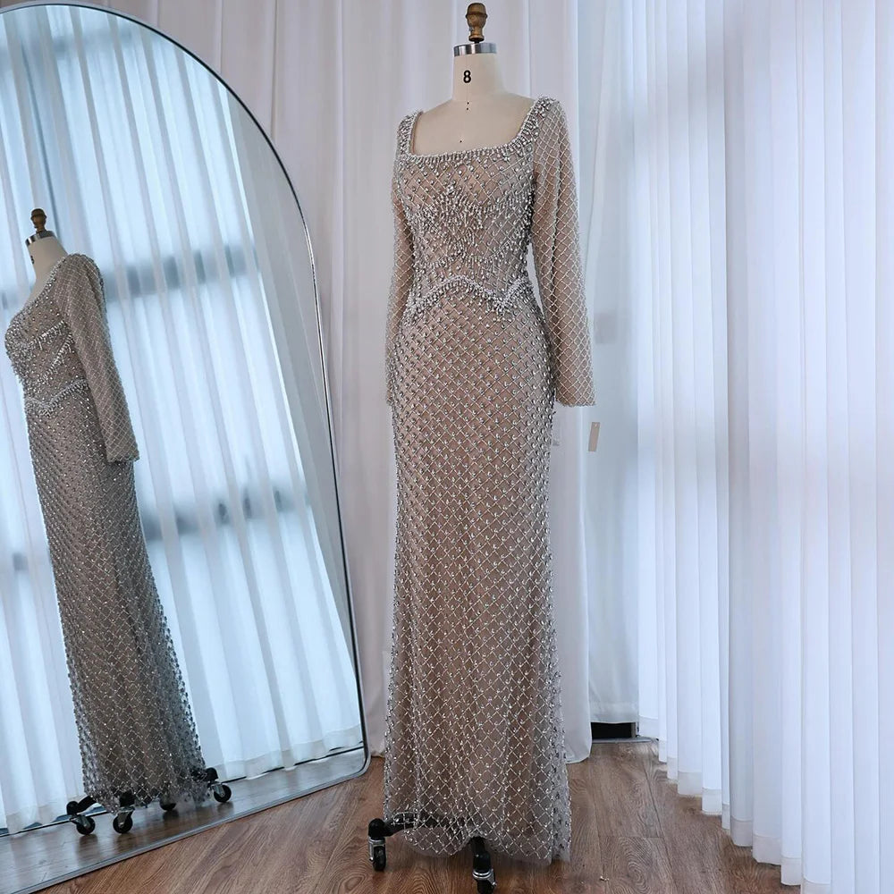 Modest Pearl Beaded Mermaid Evening Dress with Long Sleeves LA72919A