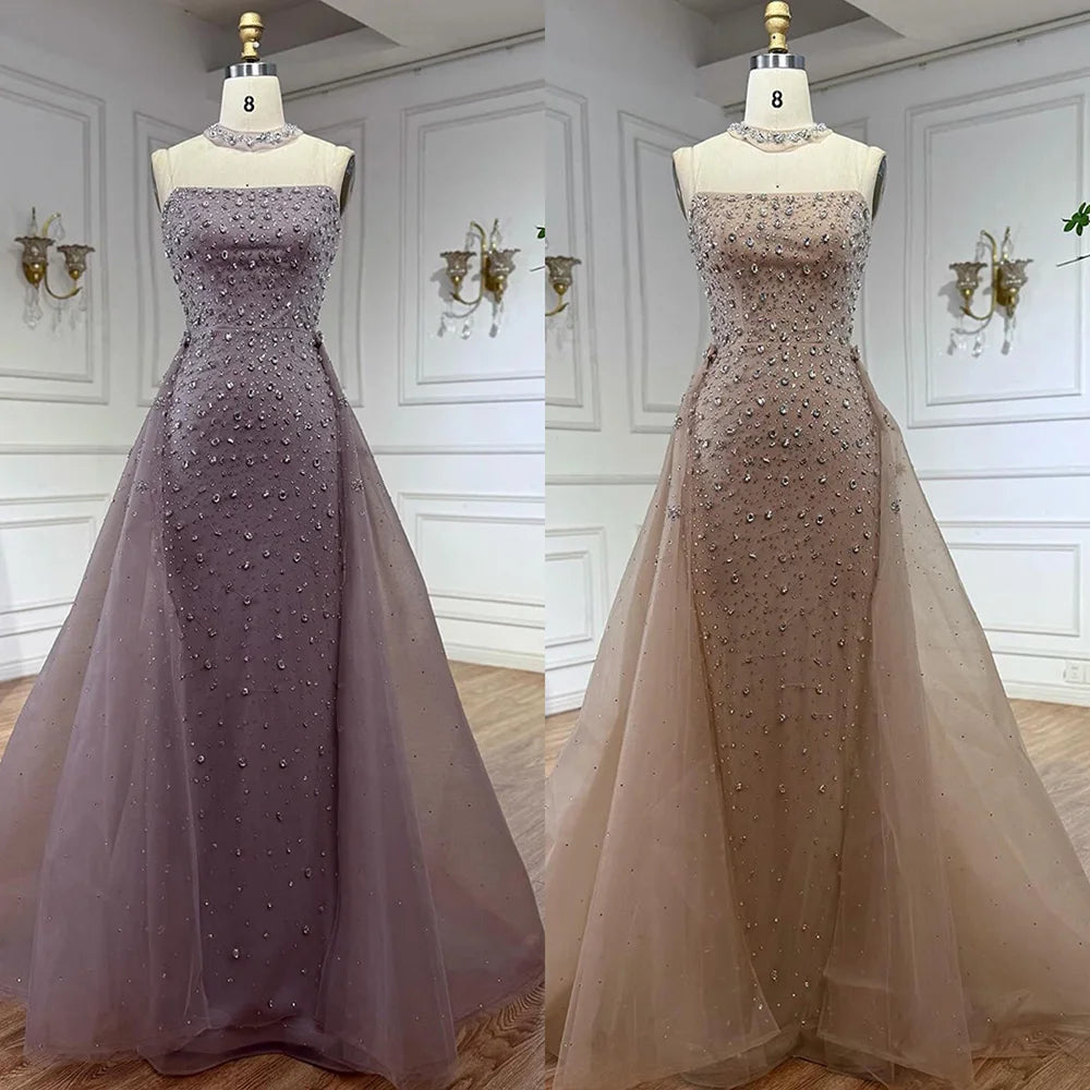 Luxury Arabic Pink Beaded Mermaid Evening Dress with Overskirt LA73084