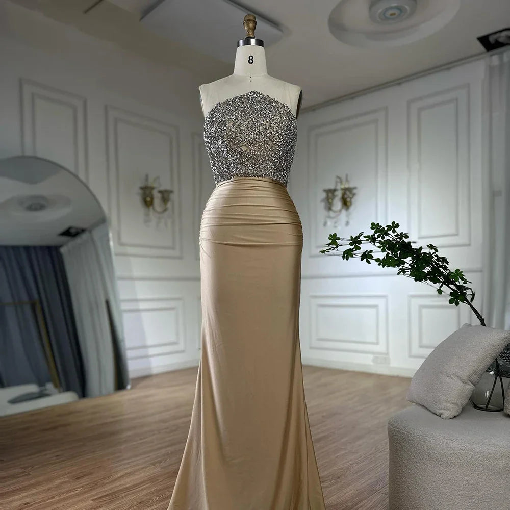 Luxury Dubai Saudi Arabic Gold Elegant Evening Gown Crystal Beaded Dress for Formal Occasion LA72759